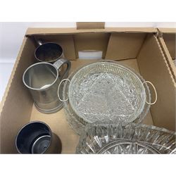Victorian and later glassware, to include cranberry glass, decanters, large jug, cut glass fruit bowl, drinking glasses, comports and silver plated tankards, in four boxes