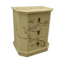 Small Oriental style cream lacquered chest of three drawers, decorated with floral motifs