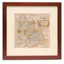 Gulielmus Hole (British ?-1624) and Christopher Saxton (British 1540-1610): 'Lancastriae Comitatus palatinus olim pars Brigantum', 17th century engraved map with hand-colouring of Lancashire 31cm x 31cm