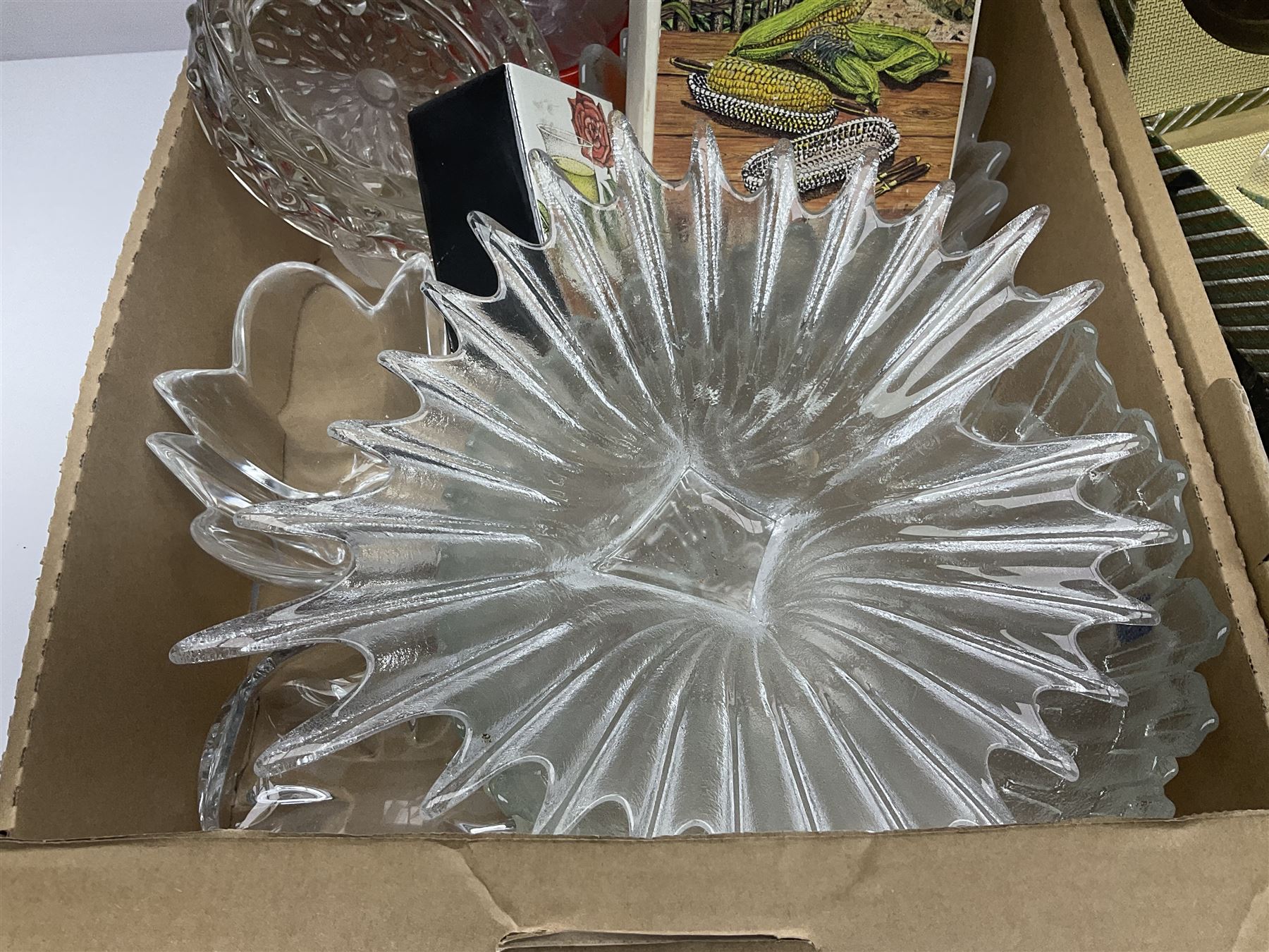 Dartington Crystal glass flower bowl, together with four similar smaller examples, two Orrefors glass bowls, collection of glass decanters, including Dartington and painted example, etc