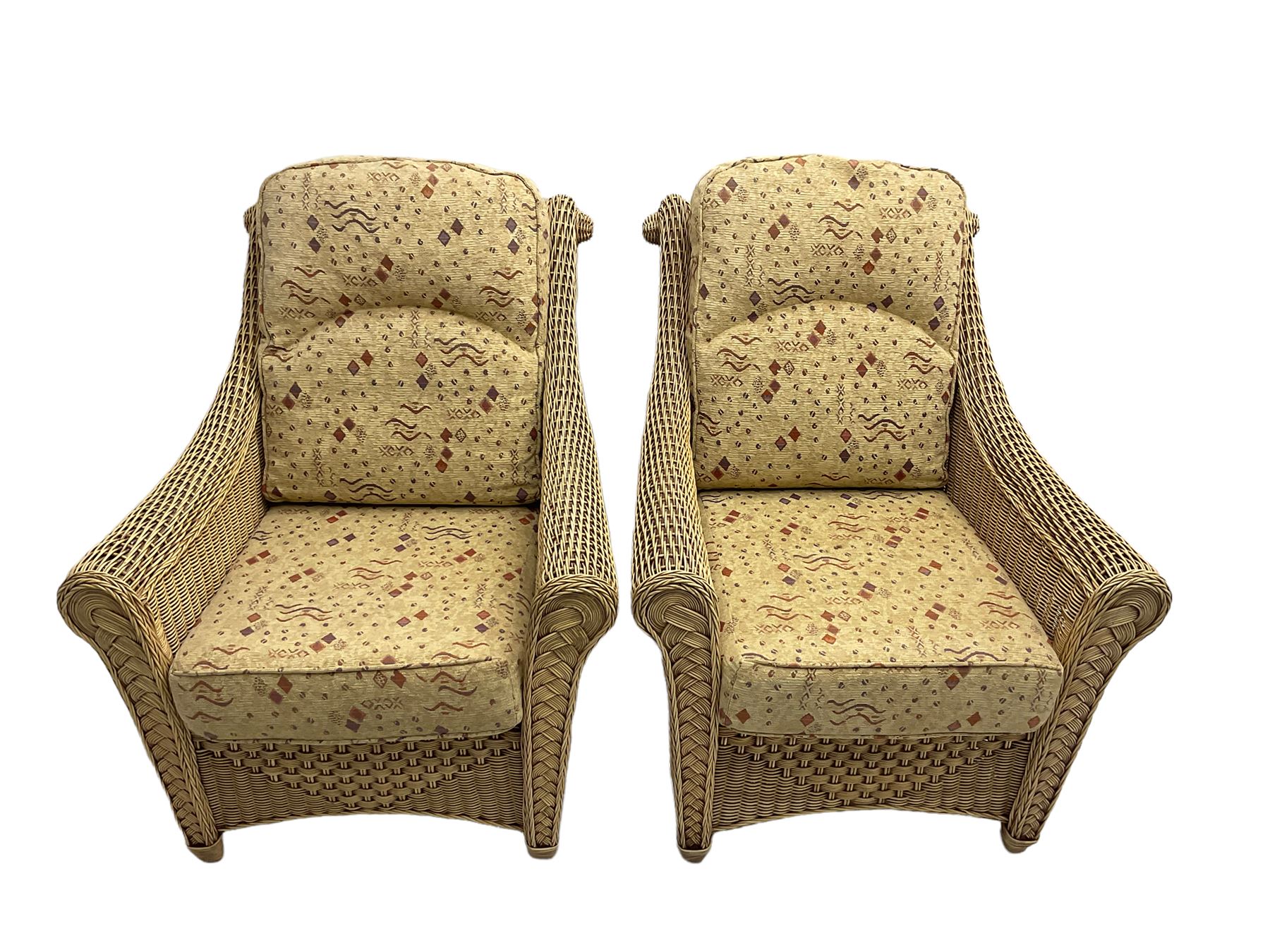 Four piece cane conservatory suite - two seat sofa (W130cm), pair of armchairs (W85cm), and coffee table (85cm x 60cm)