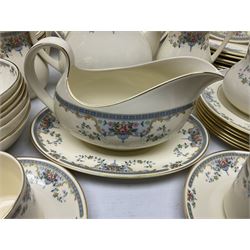 Royal Doulton Romance Collection Juliet pattern tea and dinner service for six, to include dinner plates, lidded tureen, teapot, teapots, saucers, jugs, sauce boat and stand, cake plate, coffee cans and saucers, soup bowls etc, including spares