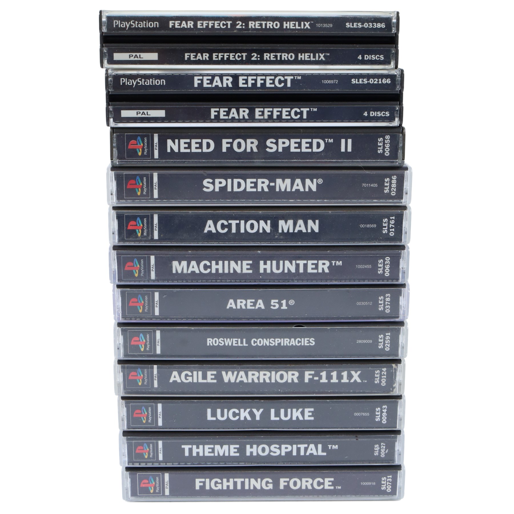 Twelve Sony Playstation 1 games, comprising Theme Hospital, Fear Effect, Fear Effect 2, Roswell Conspiracies, Spider-Man, Best of Infogrames Action Man, Need For Speed II, Machine Hunter, Area 51, Lucky Luke, Agile Warrior F-IIIX and Fighting Force