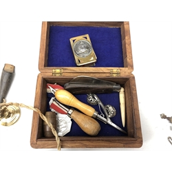  Victorian leather jewellery box containing a 19th centuries Ladies pocket watch, thimbles etc, brass matchbox holder marked souvenir de France with a cartouche featuring a pickel hanbe helmet to the front, collection of cap badges, horn carved whistle, marble paperweight with Lloyds bank monogram in gilt and miscellanea   