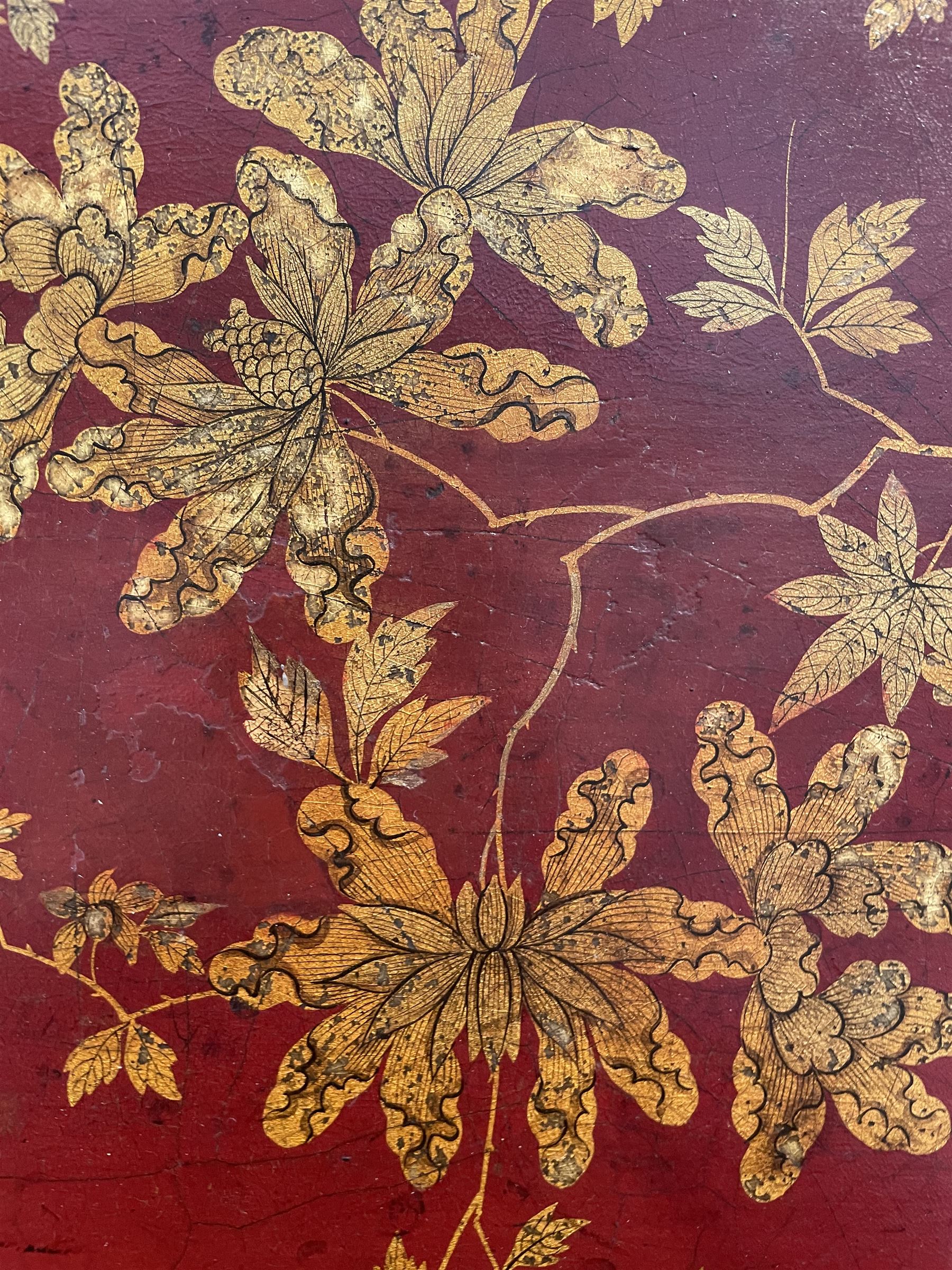 Early 19th century red lacquered papier-mâché tray by Clay of King Street Covent Garden, of rounded rectangular form, painted in gilt with large foliate sprays and butterflies, impressed verso CLAY KING ST COVENT GARDEN, W66.5cm D48.5cm