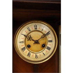  Early 20th century Vienna style wall clock with eagle cresting, circular Roman dial with twin train movement striking the hours on a coil, with key and pendulum, H106cm  