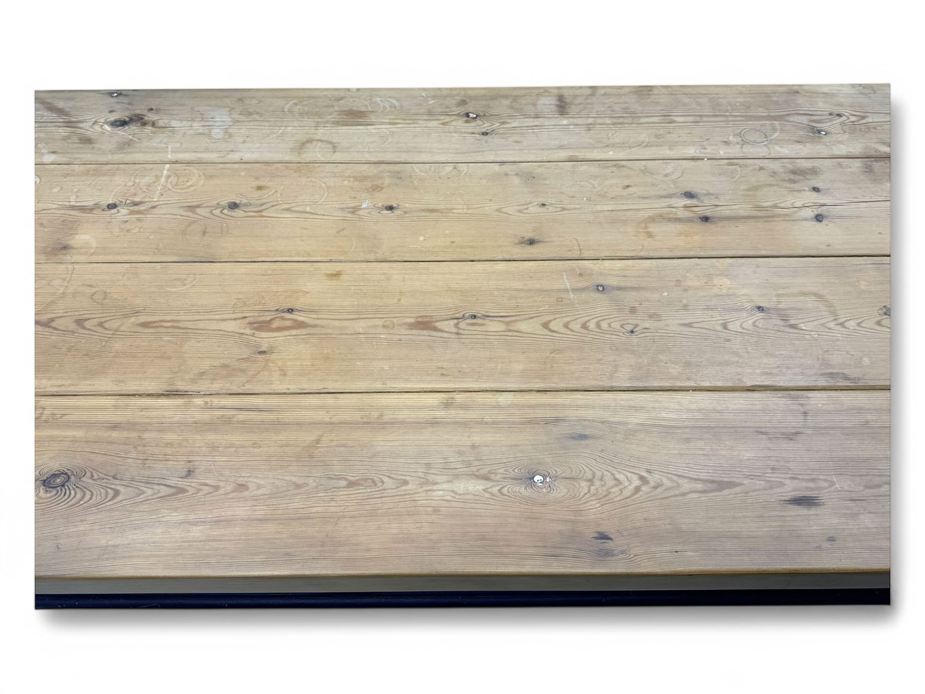 Late 20th century substantial pine refectory table, rectangular four-plank top over an indigo painted base featuring turned supports united by box stretchers