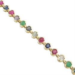 9ct gold sapphire, emerald and ruby bracelet, twenty-seven oval links set with alternative vari-colour sapphires, rubies and emeralds