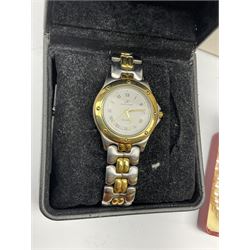 Two Klaus Kobec Entourage gentleman's and ladies, bicolour stainless steel quartz bracelet wristwatches, round white dials with Roman numerals and date apertures, both boxed, silver charm bracelet, silver jewellery and other costume jewellery