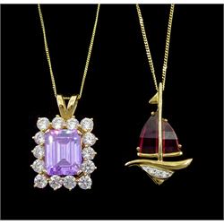 9ct gold amethyst and diamond boat pendant necklace and a 14ct gold purple and white cubic zirconia pendant necklace
