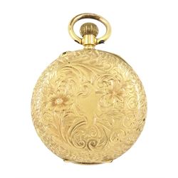 Early 20th century 14ct gold open face, keyless cylinder fob watch, white enamel dial with Roman numeral hour markers, case with engraved foliate decoration, stamped 14K