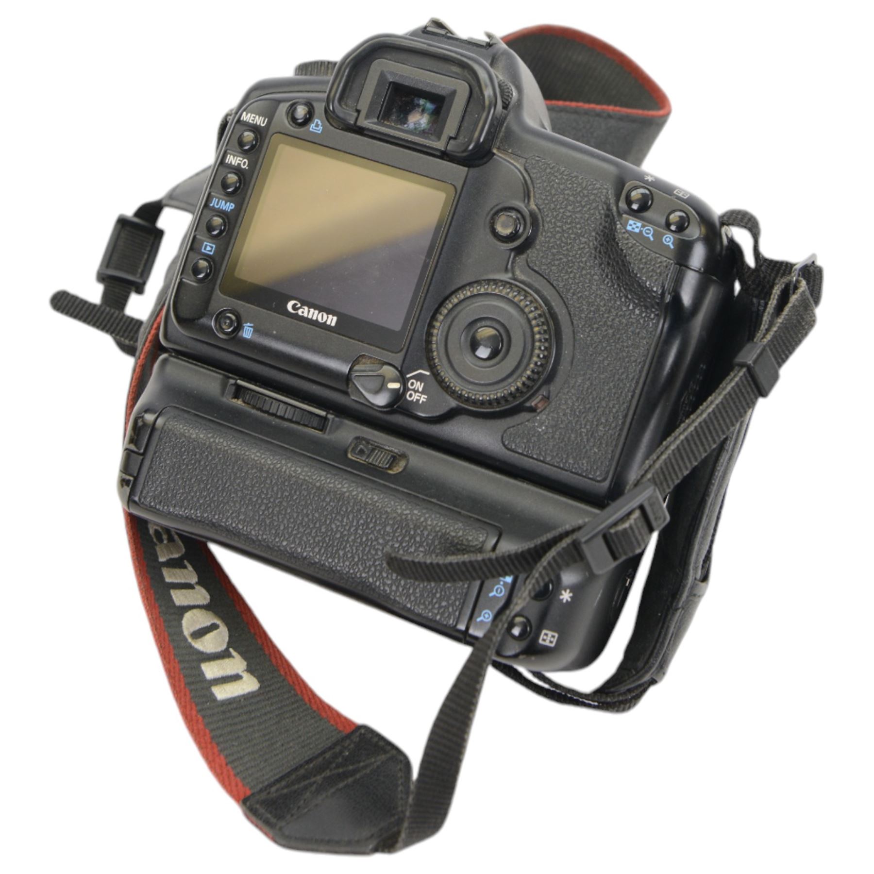 Canon EOS 5D camera body serial no. 0430100905, with shoulder strap, battery grip BG-E4 and Canon 50mm 1.1.8 EF lens serial no.31235679