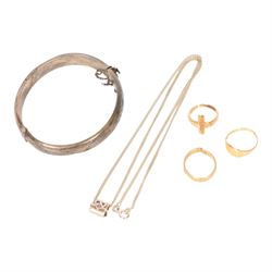 Three 9ct gold rings, silver bangle and pendant necklace