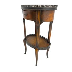 19th century French design mahogany etagere, oval marble top with pierced gallery, fitted with single drawer over under-tier with leather inset, raised on cabriole supports