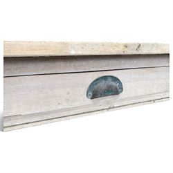 Large 19th century painted pitch pine scullery table, rectangular triple plank top fitted with single drawer, raised on square supports united by slatted under-tier
