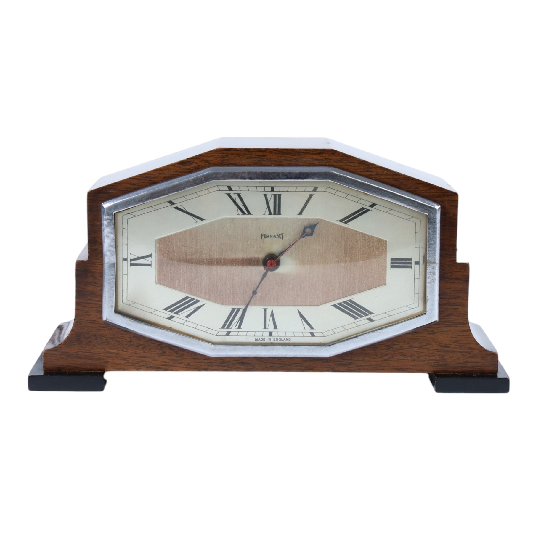 1940's Ferranti electric mantel clock, mahogany case with chromium octagonal bezel, H13cm, W26cm