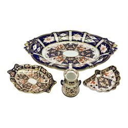 Royal Crown Derby 2451 Imari pattern oval dish of lobbed form together with two trinket dished and miniature milk churn, large dish L30cm, D20cm 