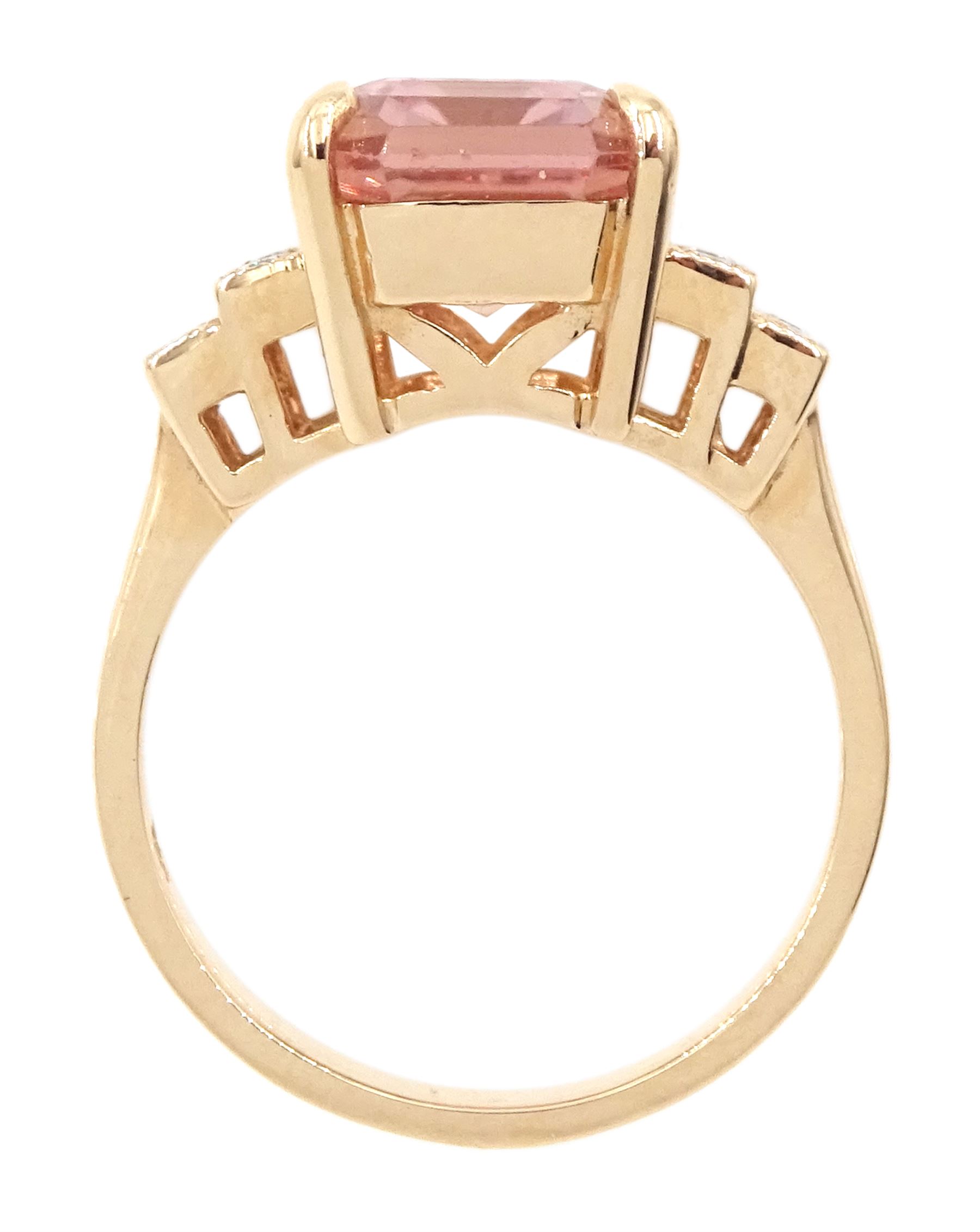 18ct rose gold pink tourmaline and diamond ring, emerald cut tourmaline of 5.21 carat, with milgrain set round brilliant cut diamond stepped design shoulders, stamped 750, with World Gemological Institute report