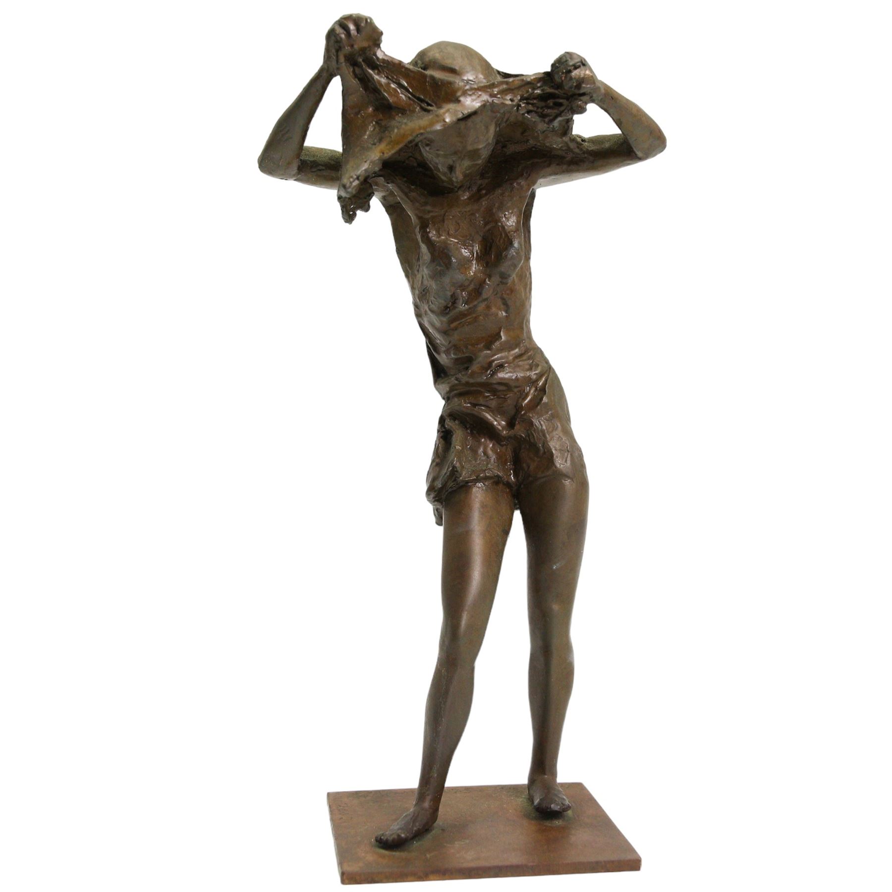 Hylton Stockwell (British): Limited edition bronze sculpture of a woman pulling a shirt over her head, signed and dated 2002, 2/4, H22cm