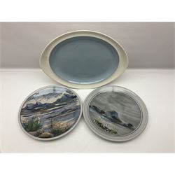 Two Highland Stoneware painted plates, together with Wedgwood serving plate, Royal Copenhagen dish etc 