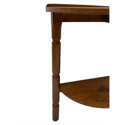 Yorkshire oak - demi-lune two tier hall table, on octagonal supports
