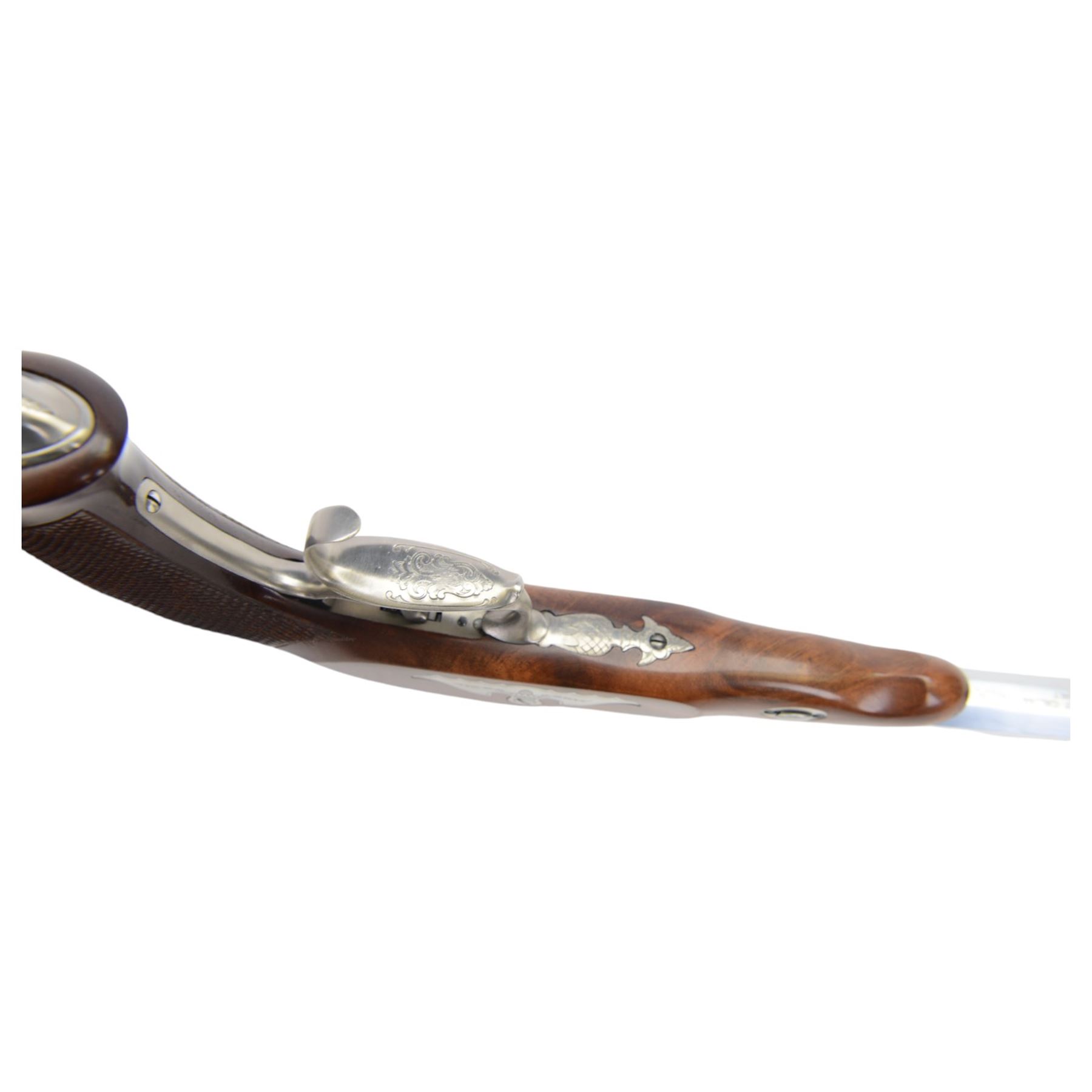 SECTION 1 FIREARMS CERTIFICATE REQUIRED - Pedersoli caliber.44 black powder pistol, the octagonal 26cm barrel stamped 'Pedersoli I-Italy Cal.44 black powder only' beneath, engraved steel lock, hammer, scrolling trigger guard, butt cap and mounts, checkered grip,in wooden case, serial no. 10250