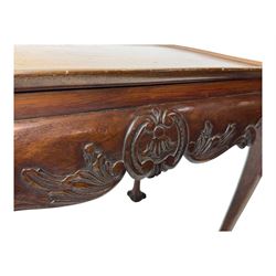 Late 19th to early 20th century mahogany side table, rectangular top with applied raised moulding, curved upper rails carved with C-scroll cartouches and extending curled leaves, bellflower carved cabriole supports with ball and claw feet 
