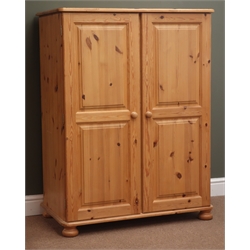  Solid pine tallboy cupboard, two panelled doors, bun feet, W90cm, H120cm, D51cm  