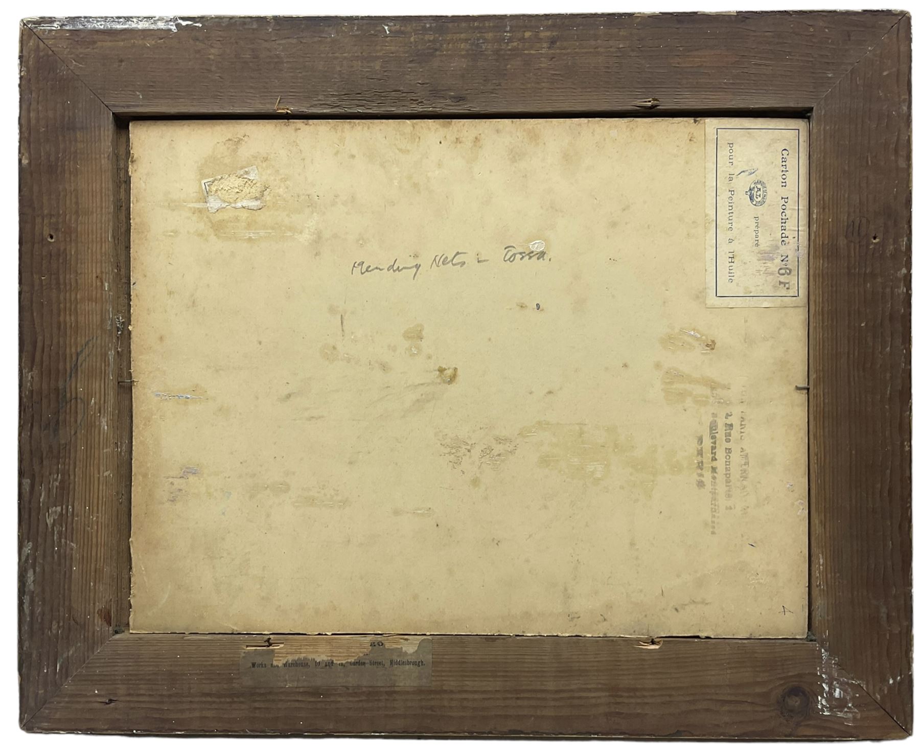 Enslin Hercules DuPlessis (South African 1894-1978): 'Mending Nets', oil on board signed, inscribed verso 29cm x 39cm