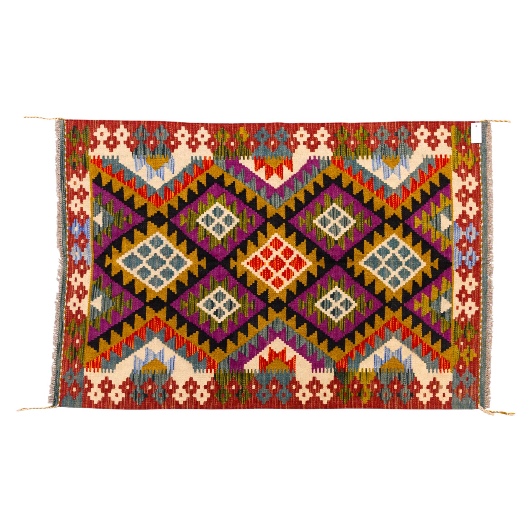 Afghan Maimana flatweave kilim, central field features large bold nested diamond motifs and stylized geometric lozenge patterns on olive purple, blue, and green tone ground, border stripe in teal ground, and fringe