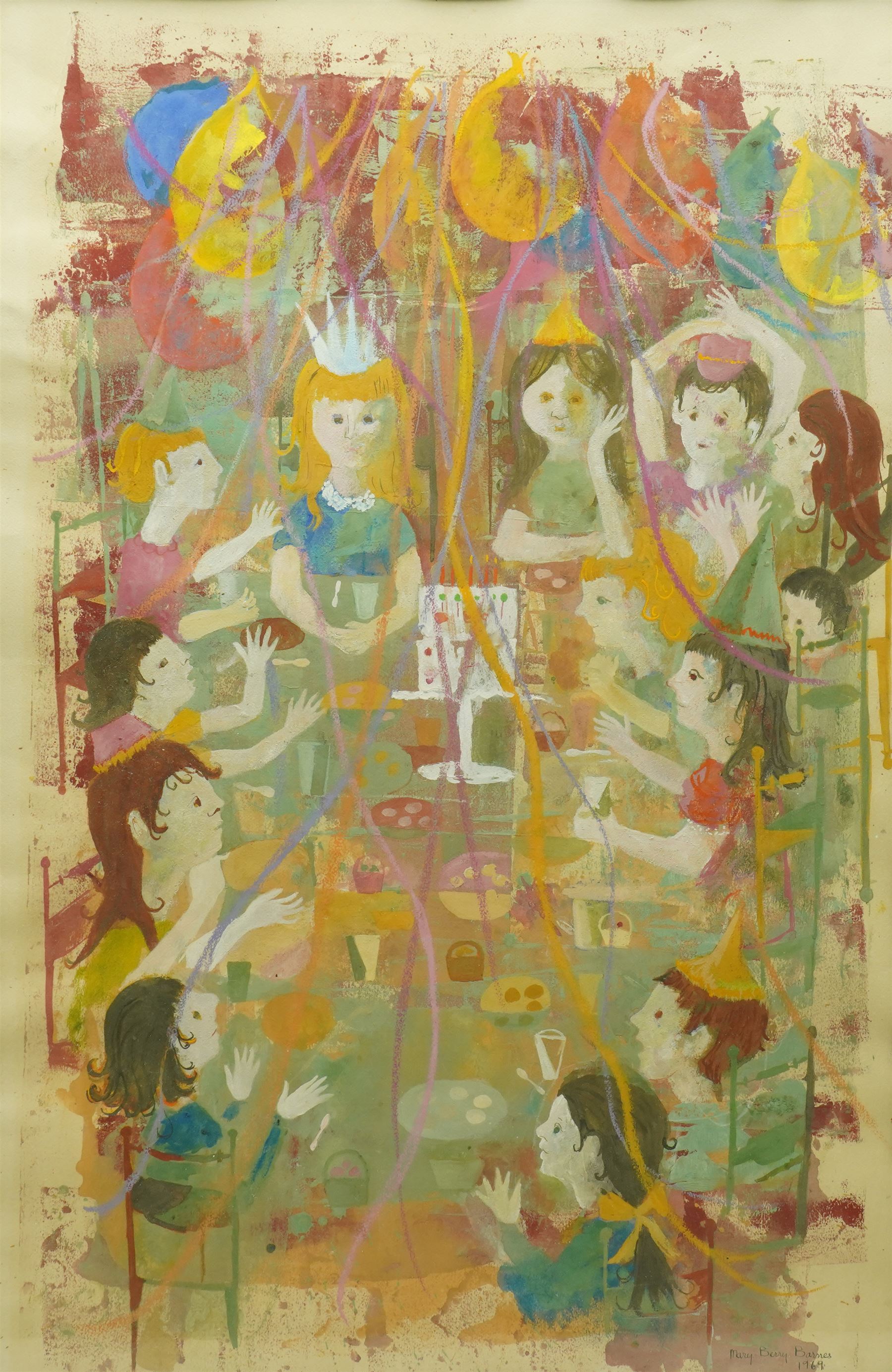 Mary Berry Barnes (American Mid-20th century): The Birthday Party, gouache signed and dated 1969, 61cm x 40cm