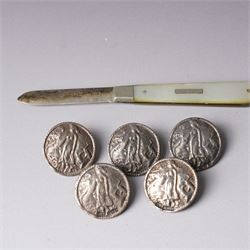 Five late Victorian silver buttons with a raised pattern of a female figure Birmingham 190...