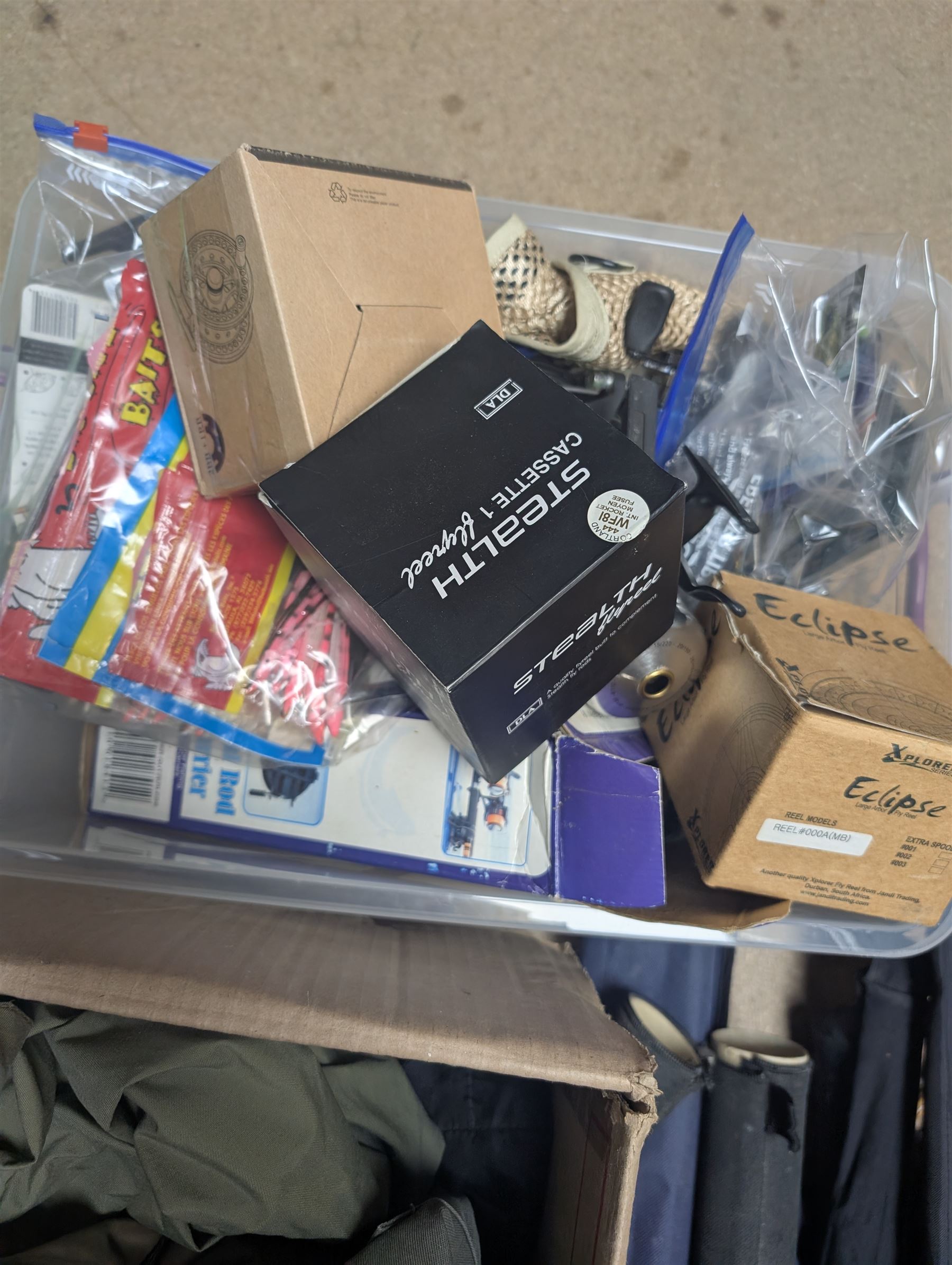 Collection of fly fishing equipment and similar, including Pflueger Summit 5 Fly Rod, Stimulator ST8605 Fly Rod, Power Plus Tiger Edition, Snowbee net and two others, Snowbee waders size 10, Abu Garcia 276Ui reel, Predator fly reel, Stealth Cassette 1 Fly Reel, etc 