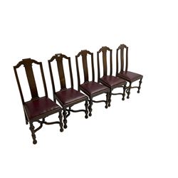 Set five 20th century oak high-back dining chairs, scrolled cresting rail, oxblood leatherette drop-in seat, raised on turned supports united by cross stretcher
