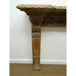  Victorian stripped oak fire surround, inverted break front mantel with arcade carved edge above mythical beast and heraldic shield header, on square tapered acanthus and scroll capped columns, W194cm, H1234cm  