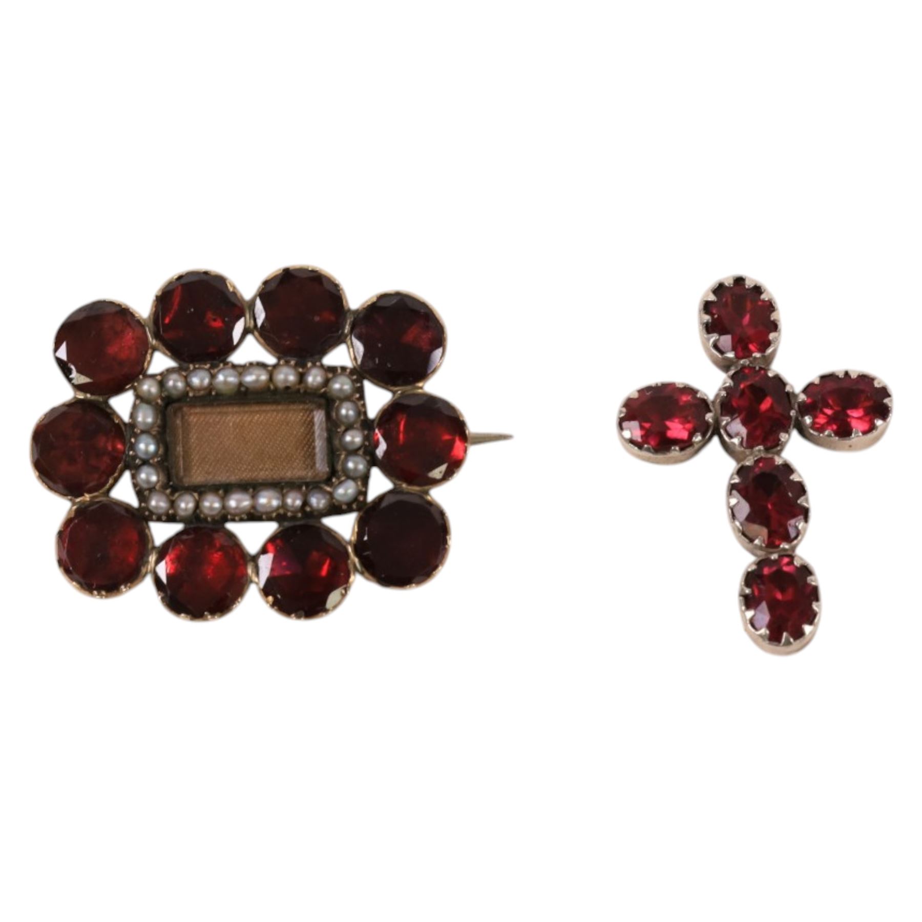 9ct gold Victorian mourning brooch, stamped 9ct, jet and seed pearl brooch, 12ctct gold garnet and pearl hairwork brooch and a silver garnet cross