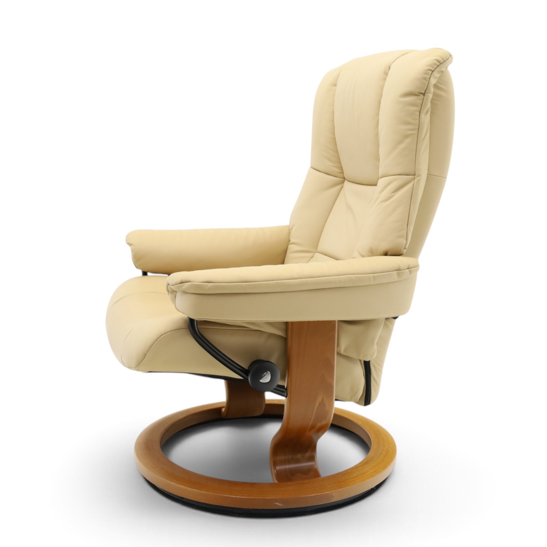 Ekornes Stressless - beech framed reclining swivel armchair with matching footstool, on U-shaped supports with circular bases, upholstered in beige leather
