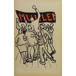  Labour Party Conversation and Mullen Banner, two pen, inks and gouaches, one signed and dated '77 by Joe Scarborough (British 1938-) each 23cm x 14cm framed as one   Illustrations for novel on trade unions by Mike Cook- TV presenter  