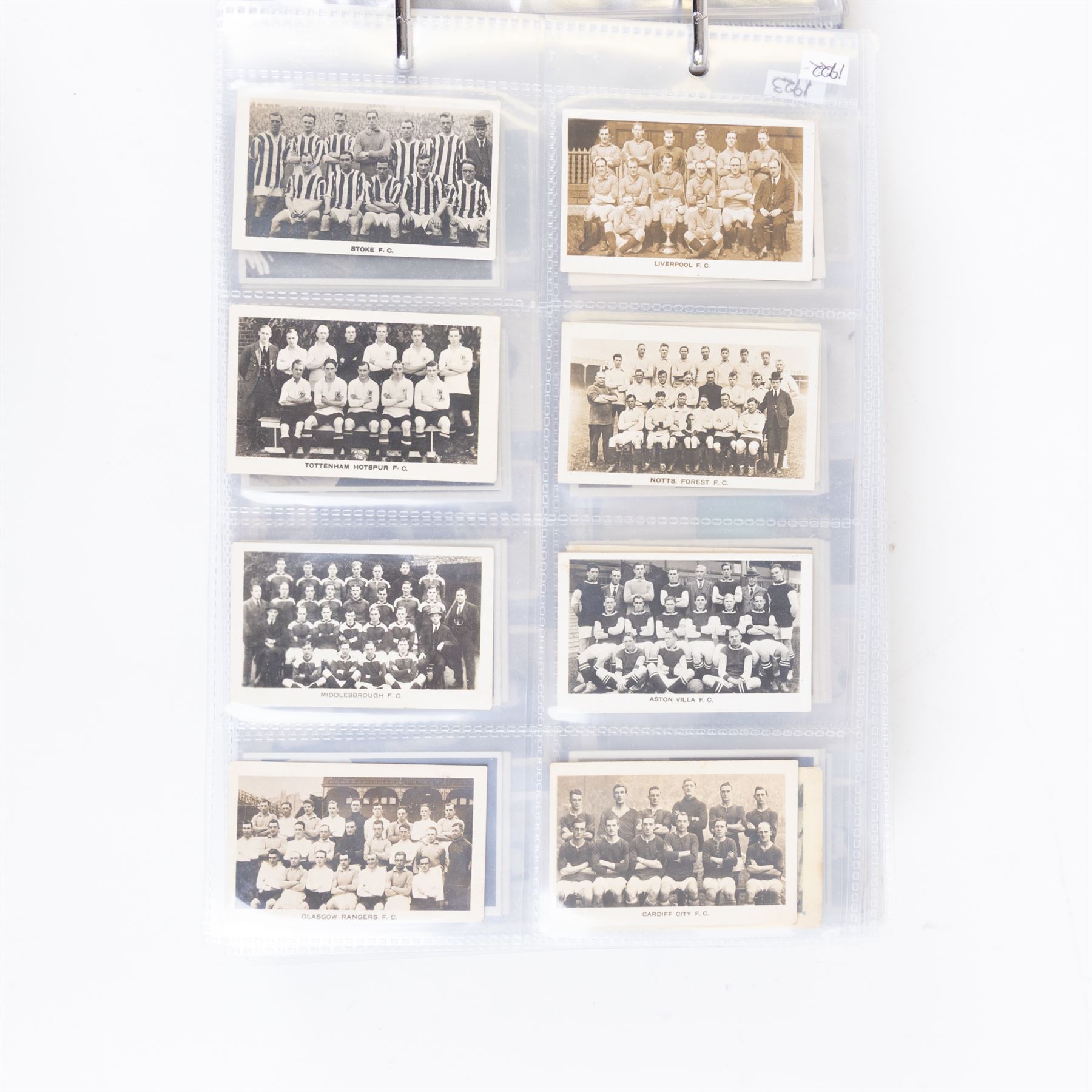 Collection of Edwardian and later Football related trading and cigarette cards, including forty-nine of fifty 1906 Ogden's Football Club Colours, 1922 PALS Footall series, ninety of one hundred 1925 Gallaher Famous Footballers, complete set of forty-four 1926 Ogden's Captains of Association Football Clubs and Colours, complete set of fifty 1927 Players Football Caricatures by MAC,  complete set of fifty 1927 Players Football Caricatures by RIP,  complete set of fifty 1930 Players Association Cup Winners, complete set of 50 1933 Ogdens AFC Nicknames etc, housed in brown cigarette card album