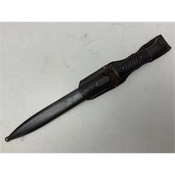 WWII German K98 Mauser bayonet by E. & F. Horster, the 24.5cm fullered blade marked 43aSW for 1943, numerous inspection marks to blade and pommel, bakelite grips and bluing to metal parts; in steel scabbard with corresponding numbers and leather frog L42cm overall