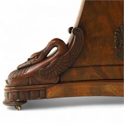 French mid-19th-century Second-Empire mahogany centre table with a dished grey-veined marble top, on a tapered triform pedestal with anthemion brass mounts above carved recumbent swan figures with delicately refined wings and graceful necks curving backwards, associated with the Empress Josephine, raised on three small platform bases