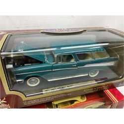 Six 1:18 scale die-cast models - Road Legends Chevrolet Nomad (1957) and Ford Fairlane Crown Victoria (1955); Universal Hobbies MGB-GT Mk.1 4-cylinder Old English White and Land Rover Serie III Police Patrol; Road Tough Shelby Cobra 427S/C (1964); and Mira 1955 Buick Century; all boxed (6)