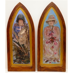 MC (British Contemporary): Portrait of a Knight on Horseback and Lady Holding Flowers, pair Gothic arch shaped oils on panel signed with initials 95cm x 30cm (2)