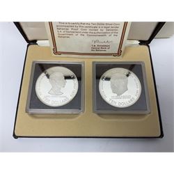 Six Commonwealth of the Bahamas Islands nine coin sets, dated 1972, 1973, 1974, 1975, 1976 and 1979, all minted at the Franklin Mint and containing high denomination silver coins, all cased, and a Bahamas Anniversary 1978 two coin set comprised of two silver proof ten dollar coins, cased 