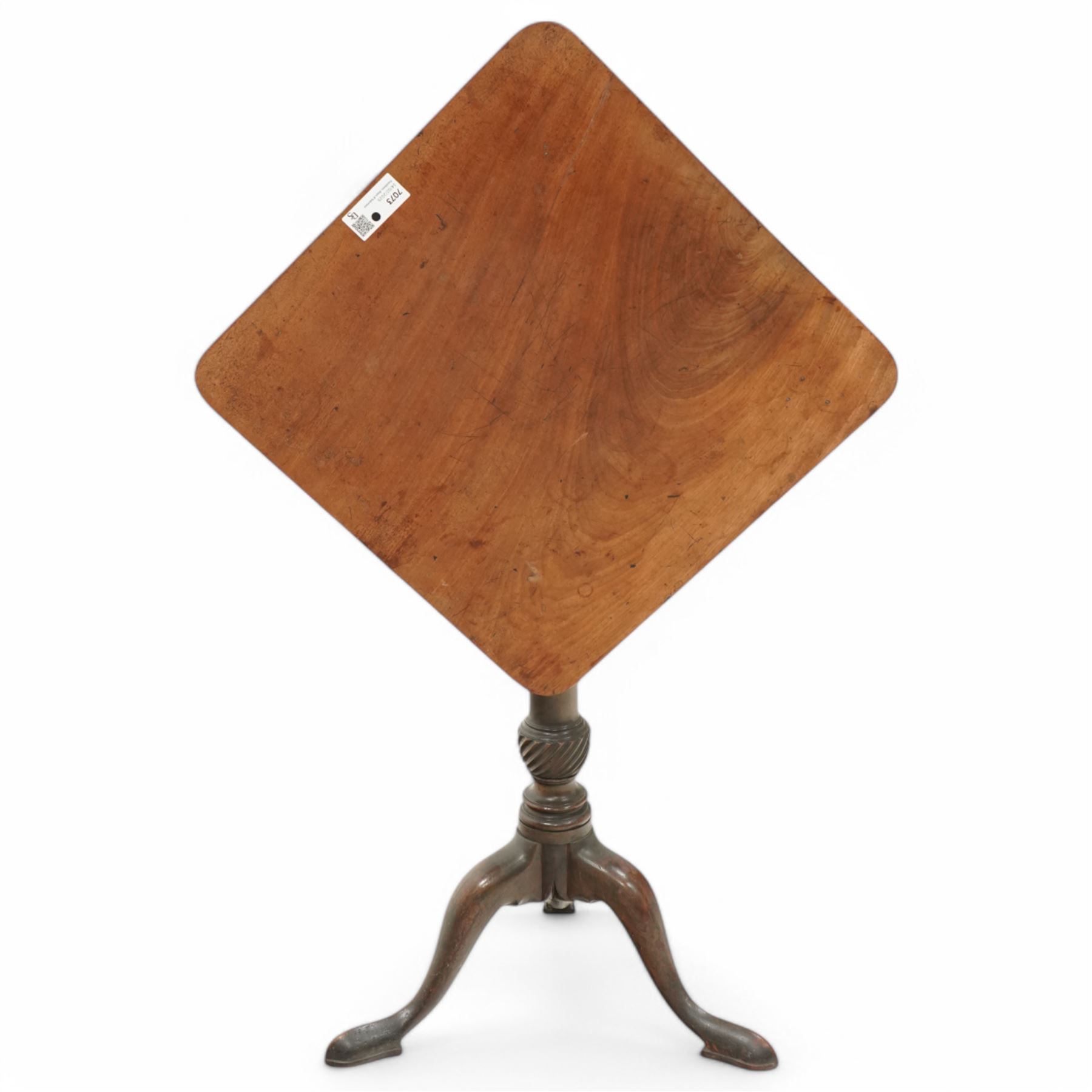 George III mahogany tripod table, square tilt-top with rounded corners, turned pedestal with twist baluster on three out-splayed supports (51cm x51cm, H71cm); together with another tripod table (63cm x 59cm, H70cm)