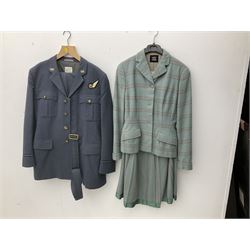 Hebe Sports green flannel wool skirt suit, together with a ladies navy coat and a moder RAF dress uniform and hat