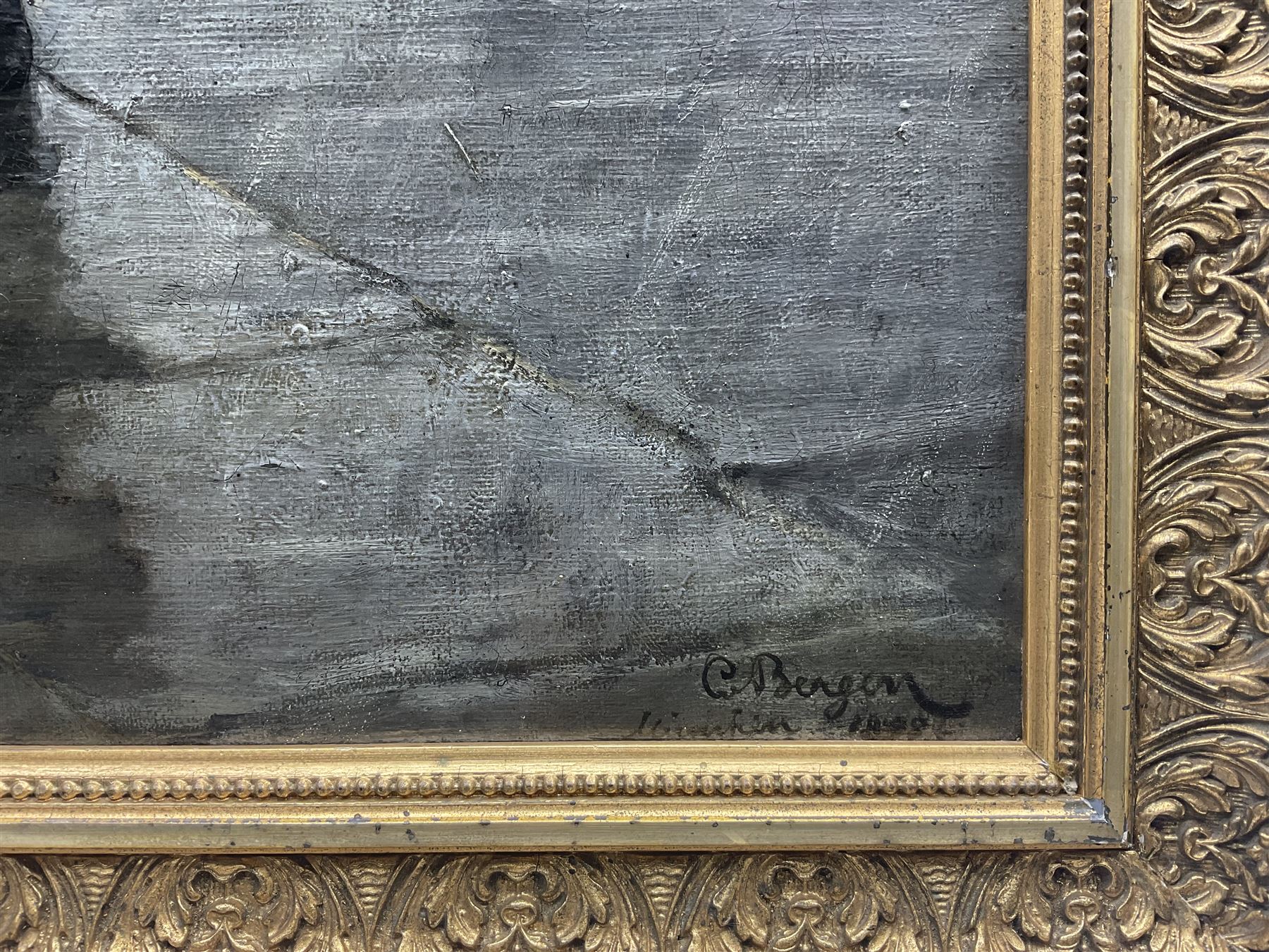 Carl Von Bergen (German 1853-1933): Sisters Caught in the Rain, oil on canvas signed and dated 1898, 54cm x 44cm 