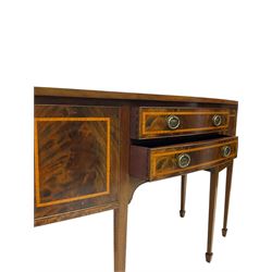 Georgian design mahogany and satinwood banded bow-front sideboard, fitted with two drawers and flanking cupboards, on square tapering supports with spade feet 