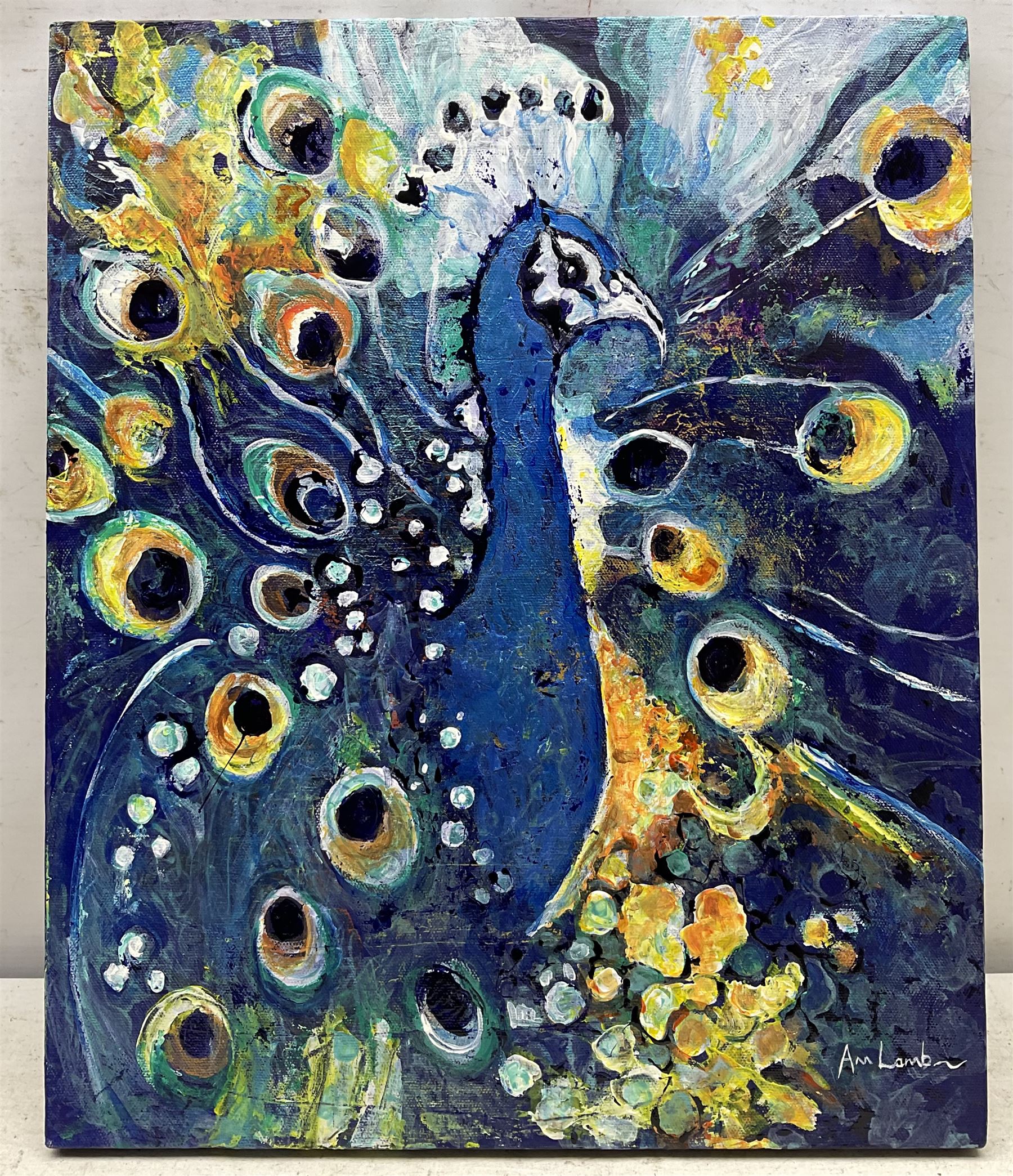 Ann Lamb (British 1955-): Peacock, mixed media on canvas signed 46cm x 38cm (unframed)