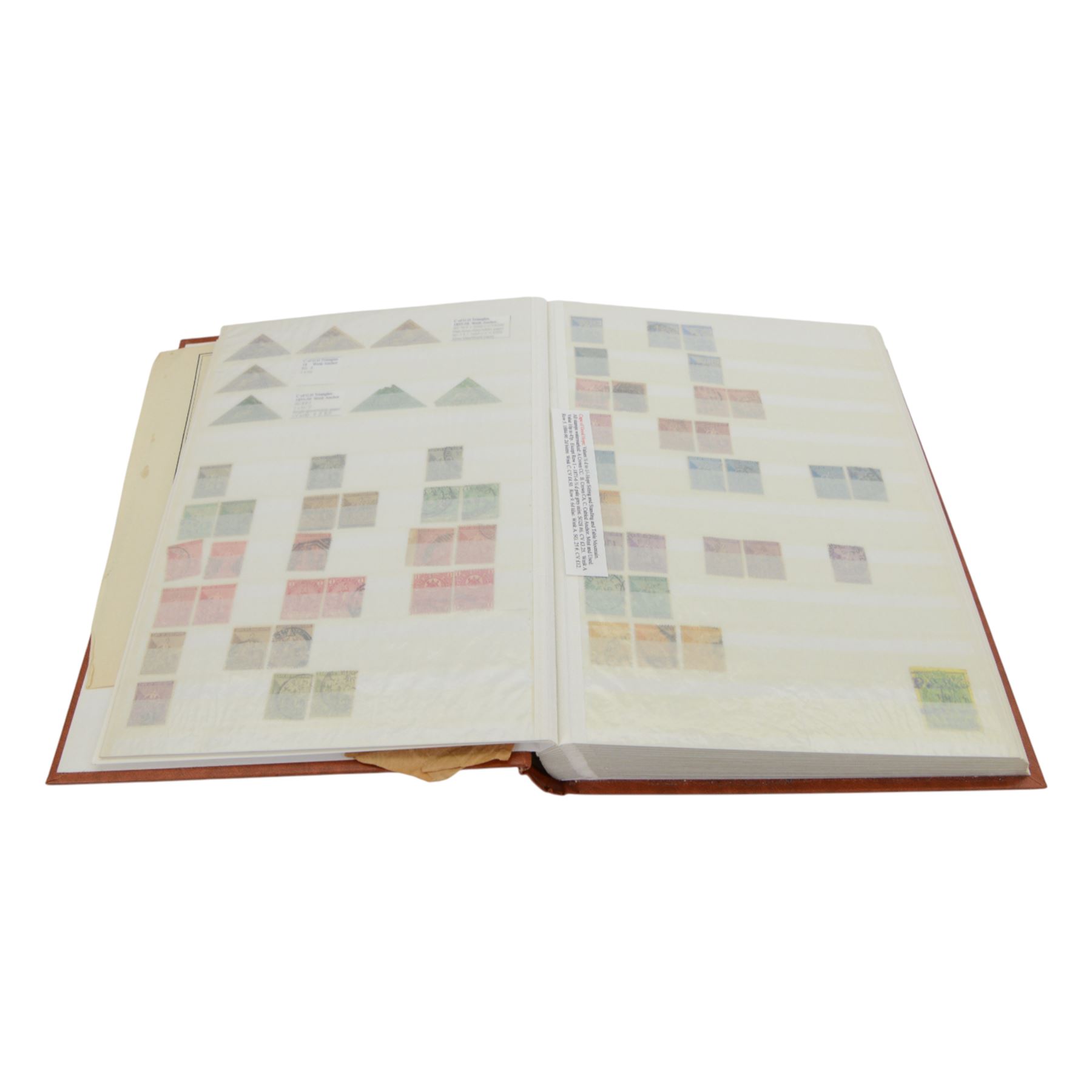 Extensive and well-annotated collection of Great Britain and World Queen Victoria and later stamps, including Queen Victoria penny black with faint red MX cancel, 1840 two pence blue, embossed issues, QV one pound brown lilac, QV one pound green, King Edward VII one pound green, numerous King George V seahorses, 1929 Postal Union Congress one pound, unused, King George VI 1939-48 mint set of six including ten shillings dark blue, Cape of Good Hope triangles, further Commonwealth issues, etc